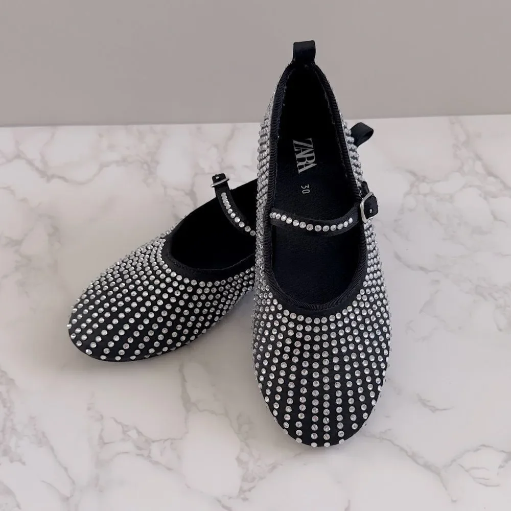 ⭕️ ZARA Girls Kids Black and Silver Studded Shoes Crystals